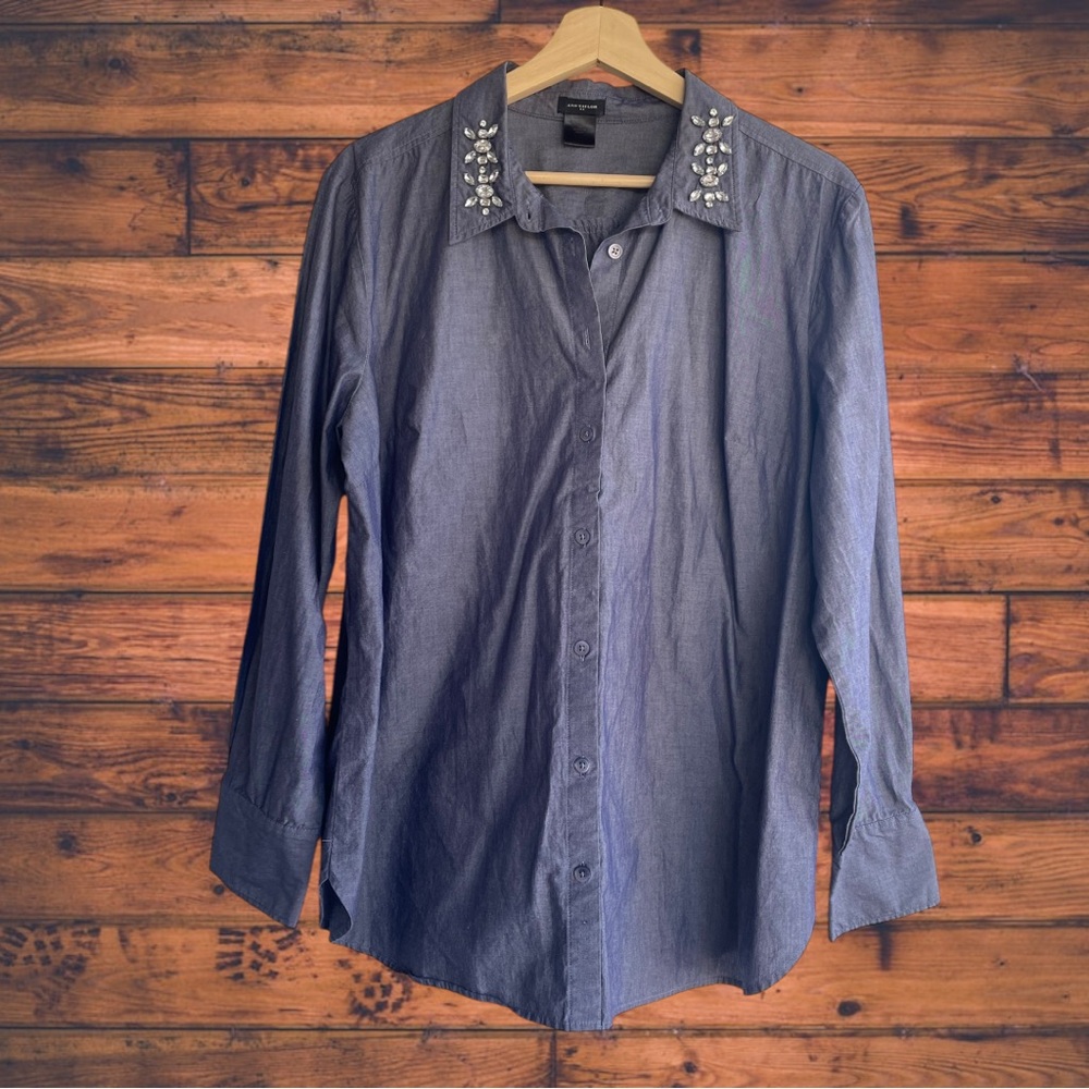 5 for $25🔥Ann Taylor Cotton Button Front Jeweled Collar Blouse Size 16